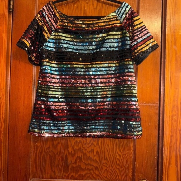New York & Company Tops - New York & Company Multicolor Sequin Striped Short Sleeve Top